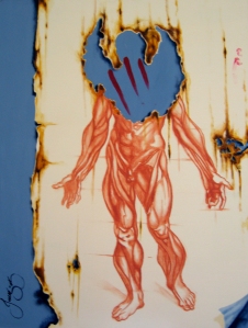 Orgulloso maestro Vesalius.Sanguina y acrílico sobre MDF de 81 x 60 cm. Autor: Josué Vázquez